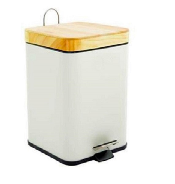CESTO PEDAL BLANCO CUADRADO CON TAPA MADERA 3LTS