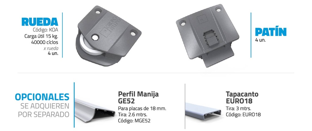 KIT CORREDIZO KOA DE 4 RUEDAS Y 4 PATINES PARA GUIA OFFICE