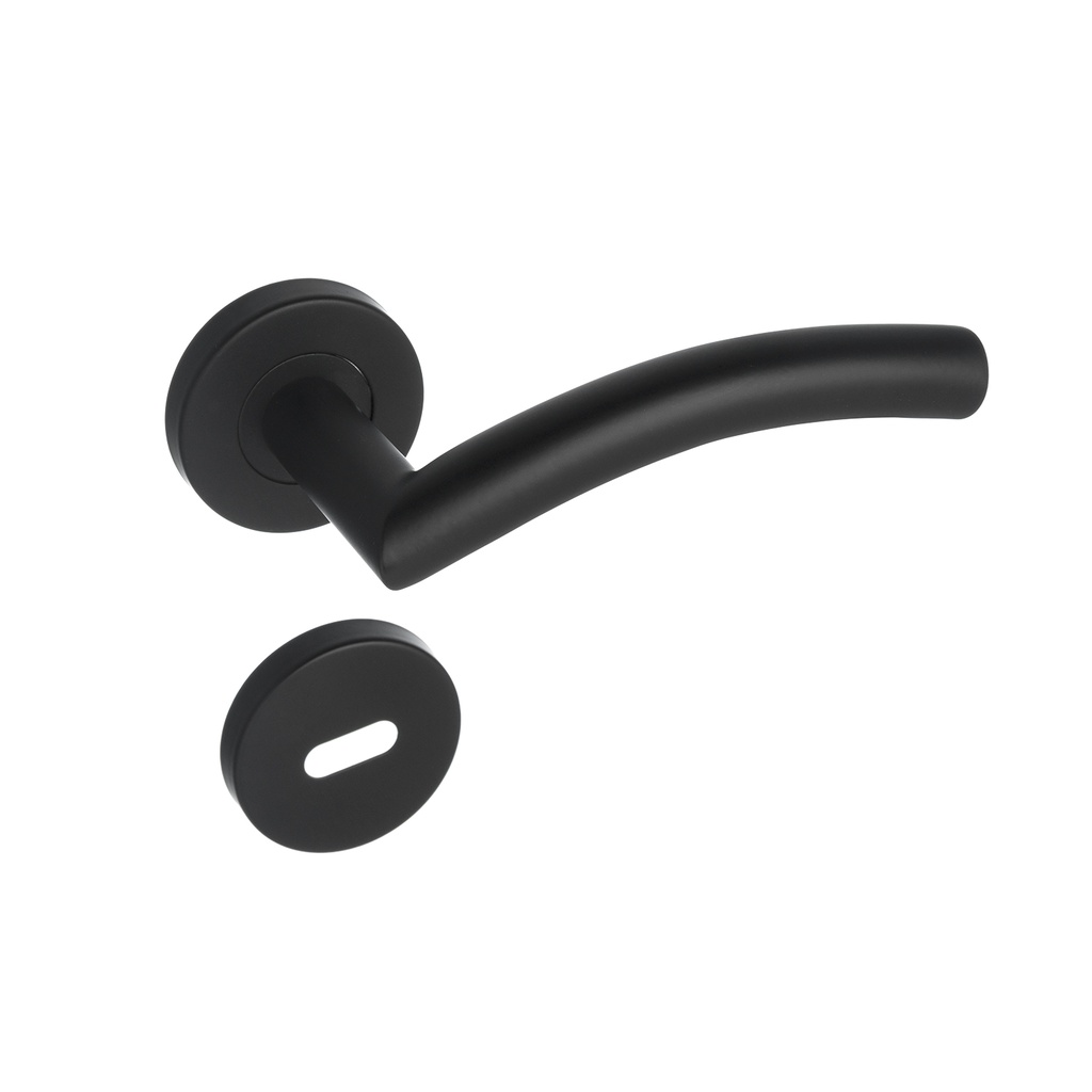 MANIJA CURVA ACERO INOXIDABLE NEGRA D/B CON ROSETA Y BOC. x1u.
