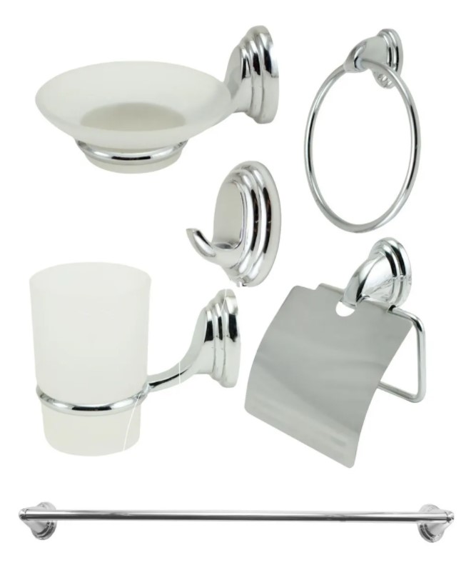 SET X6 PIEZAS MILANO (PERCHA, ARO TOALLERO, P/ROLLO, JABONERA,