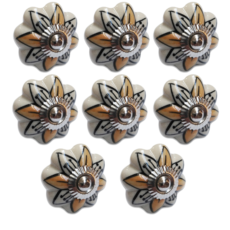 TIRADOR CERAMICO VINTAGE FLOR BLANCO C/NARANJA PACK X 8u.