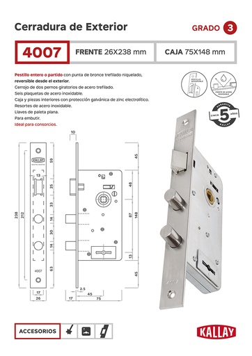 [KA.4007INOX] 4007 KALLAY CERRADURA REFORZADA DOBLE PERNO FTE. INOX