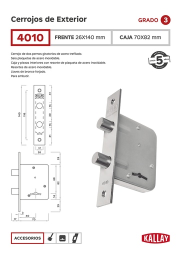 [KA.CJ4010BDO] CERROJO KALLAY 4010 DOBLE PERNO BRONCEADO