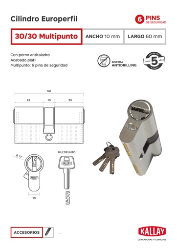 [KA.CI3030MULT] CILINDRO KALLAY P/EUROPERFIL 30+30 MULTIPUNTO