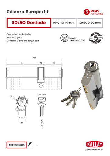 [KA.CI3050D] CILINDRO KALLAY P/EUROPERFIL 30+50 DENT