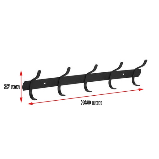 [BR.WC-208-N] PERCHA CON 5 GANCHOS PLANOS DOBLES 360x27mm NEGRA
