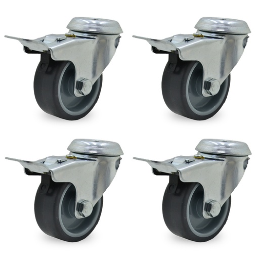 [ML.463] RUEDA PVC GRIS GIRAT. 75mm PASANTE C/FRENO PACK X 4 UNIDADES
