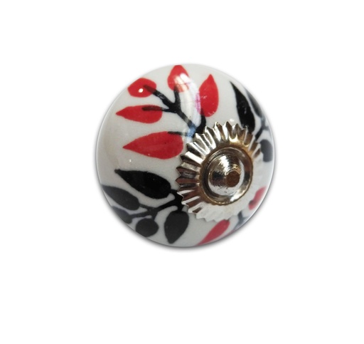 [BR.TIR-1012] TIRADOR CERAMICO VINTAGE REDONDO BLANCO C/ HOJAS ROJAS x1u.