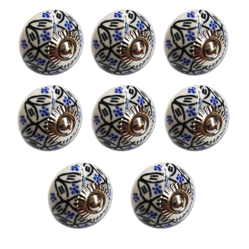 [ML.498] TIRADOR CERAMICO VINTAGE REDONDO BLANCO FLORES AZUL PACK X 8u.