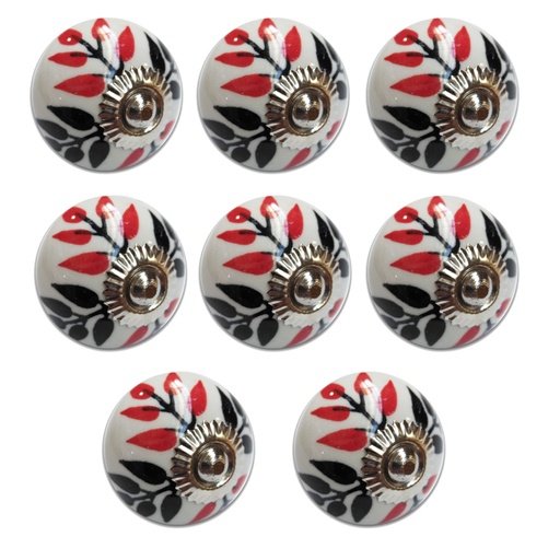 [ML.495] TIRADOR CERAMICO VINTAGE REDONDO BLANCO HOJAS ROJAS PACK X 8u.